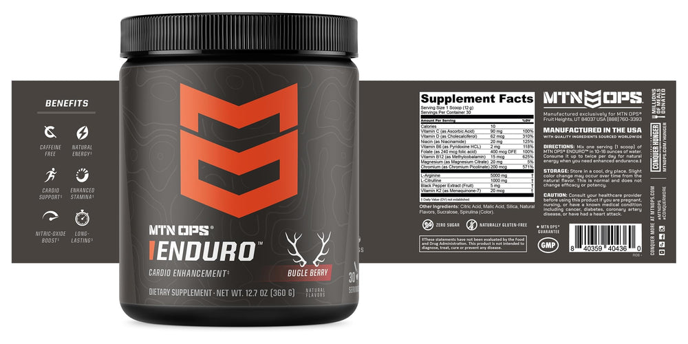 MTN OPS Enduro closeup nutrition facts highlighting caffeine-free formula.