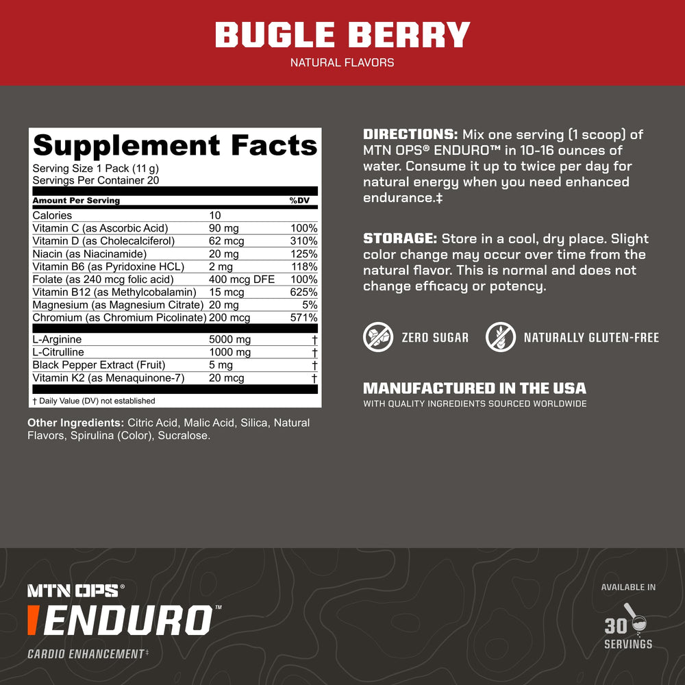 MTN OPS Enduro ingredient label highlights L-Arginine and L-Citrulline benefits.