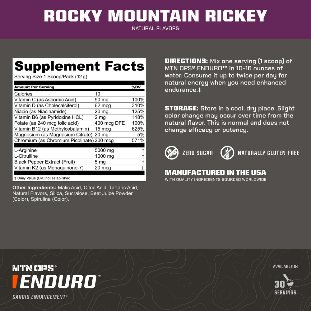 MTN OPS Enduro label closeup showing gluten-free claim.