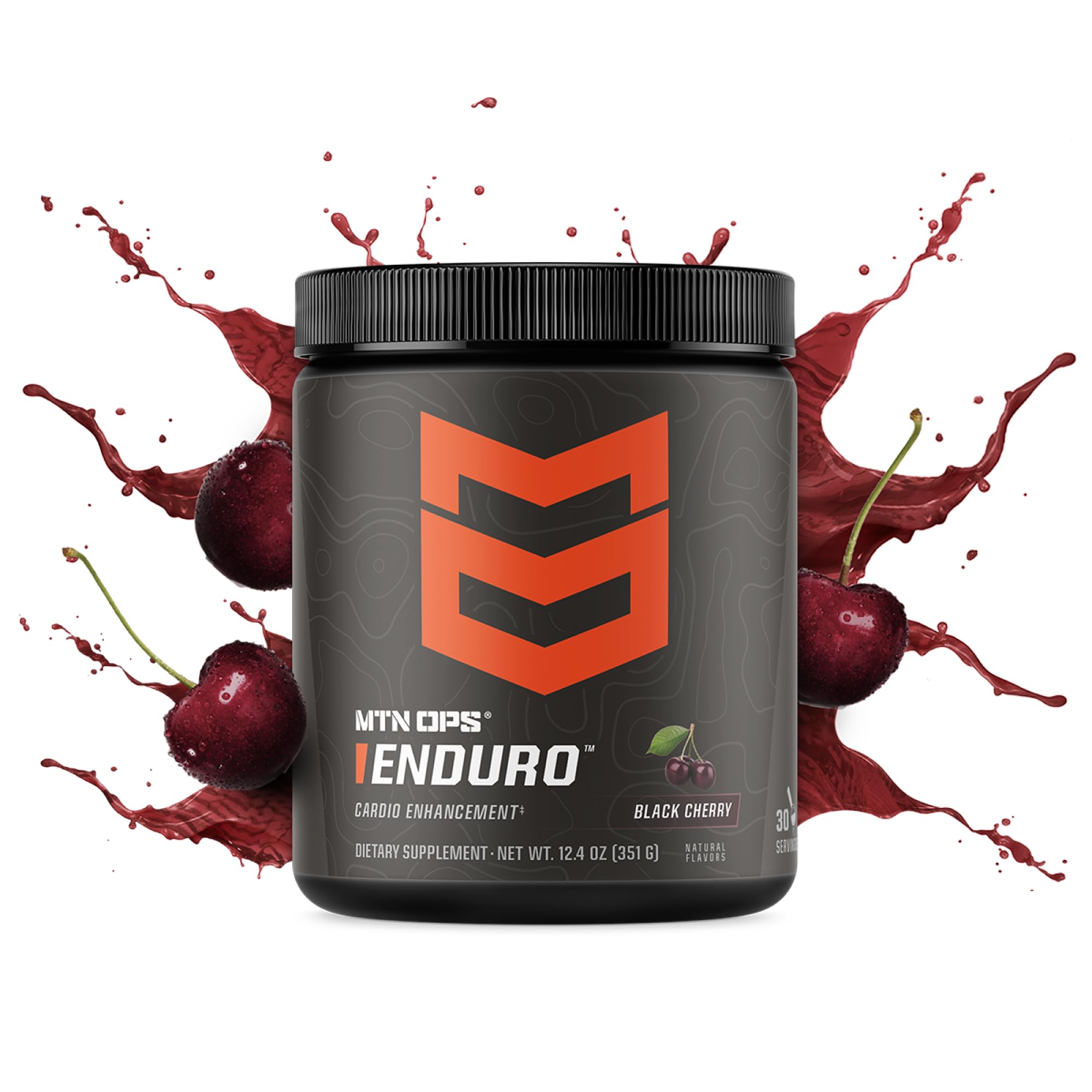 MTN OPS Enduro label close-up highlighting key ingredients and caffeine-free design for clean energy during workouts.