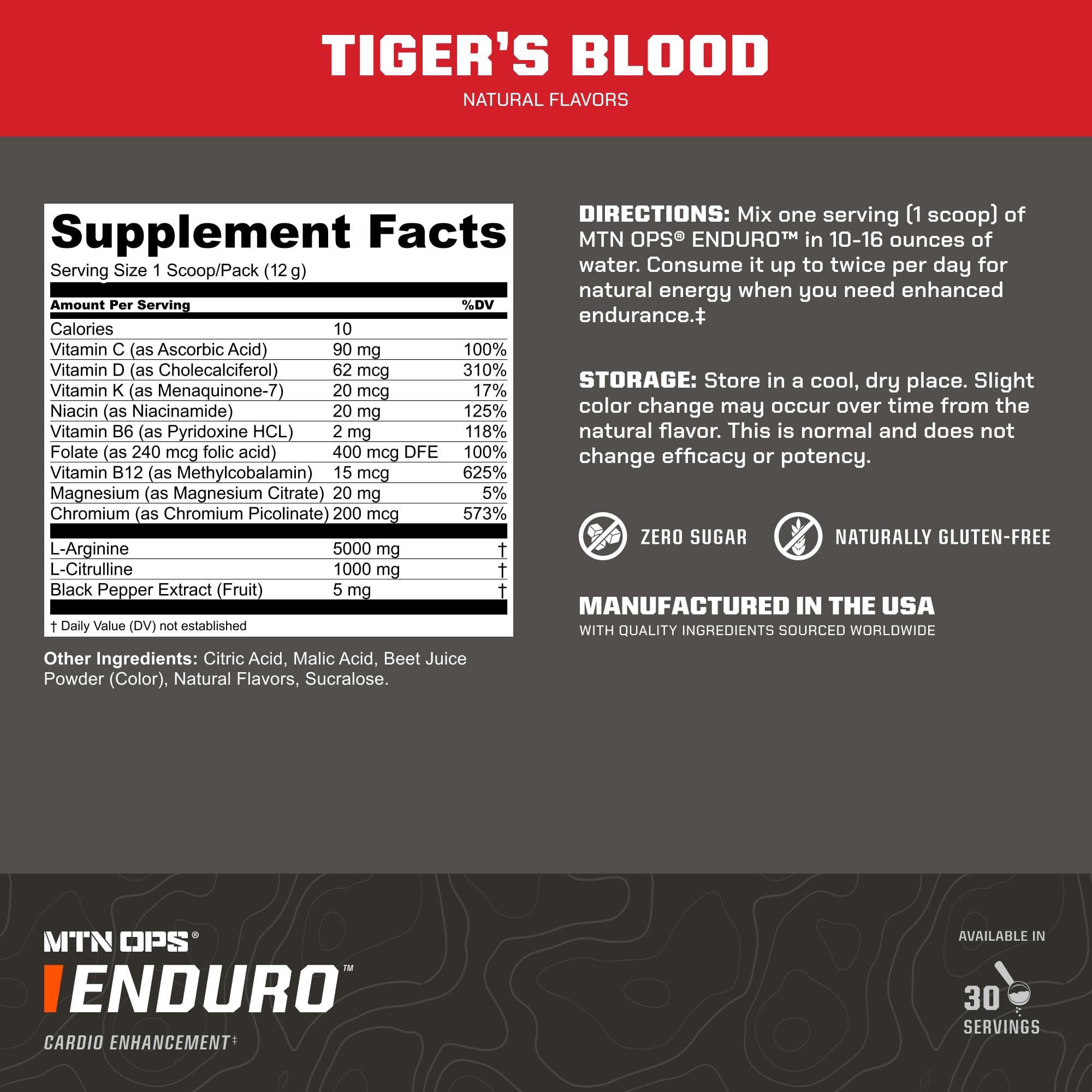 MTN OPS Enduro powder scoop shows serving size for easy mixing