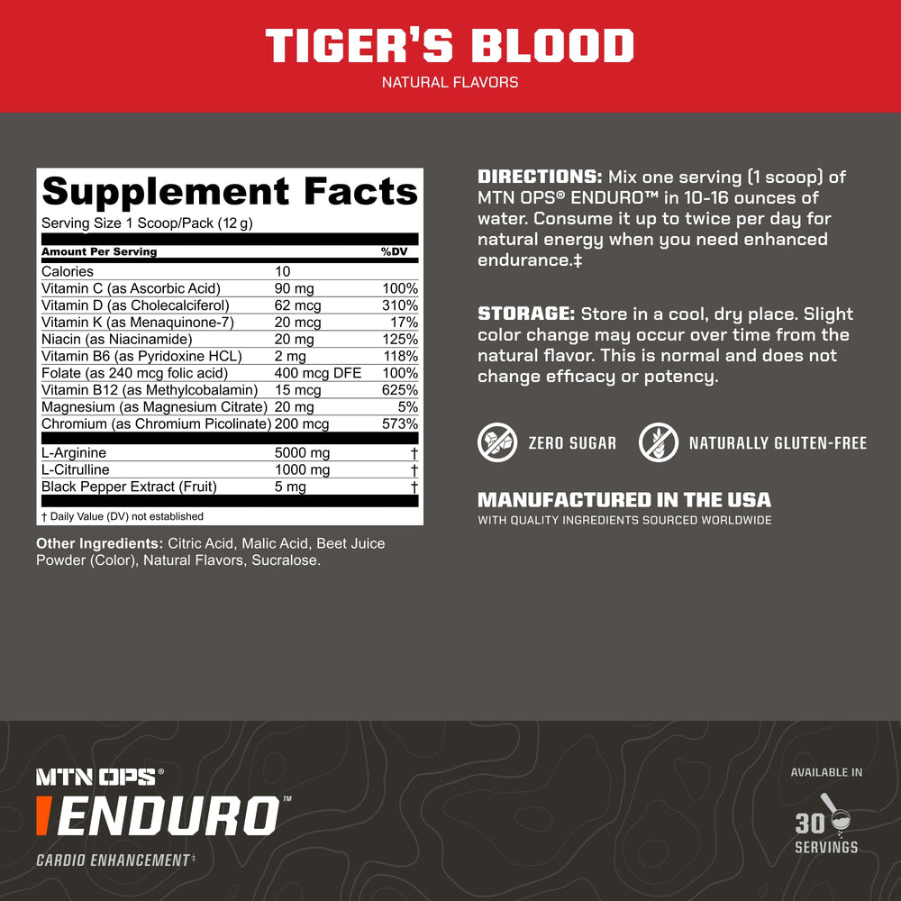 MTN OPS Enduro powder scoop shows serving size for easy mixing