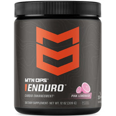MTN OPS Enduro pink lemonade bottle closeup highlighting a stimulant-free pre-workout option for daily training.