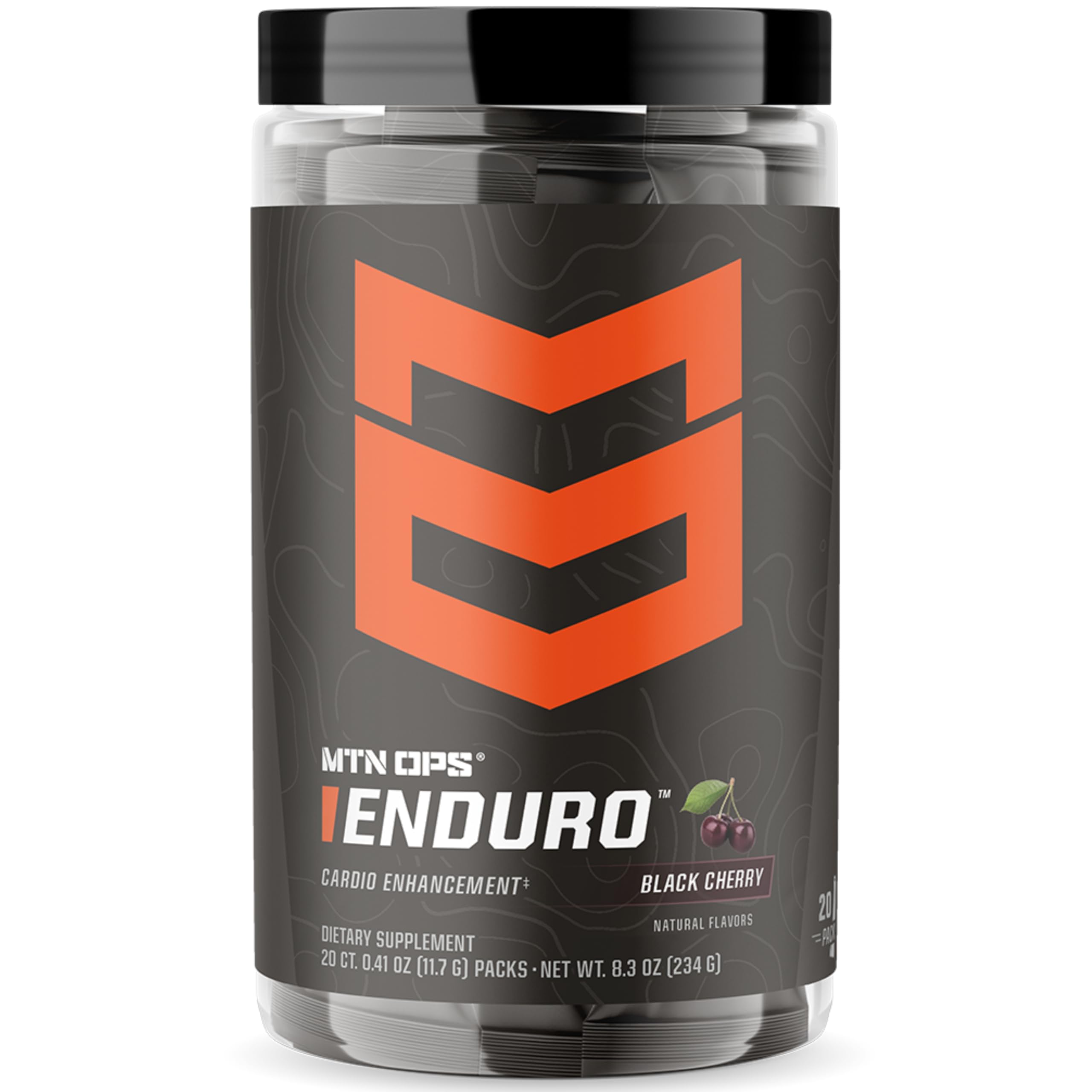 MTN OPS Enduro Trail Packs bottle with black cherry flavor for non-stim pre-workout energy