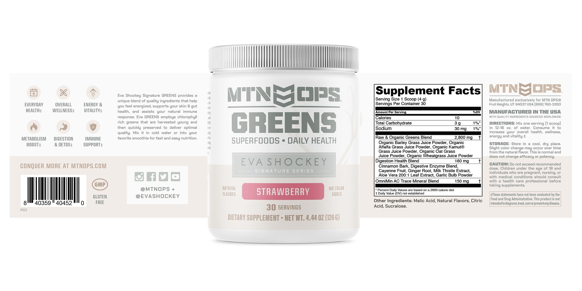 MTN OPS Eva Shockey Signature Super Greens strawberry flavor label close-up.