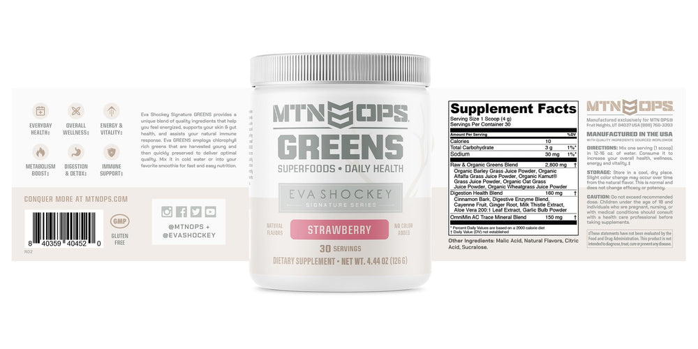 MTN OPS Eva Shockey Signature Super Greens strawberry flavor label close-up.