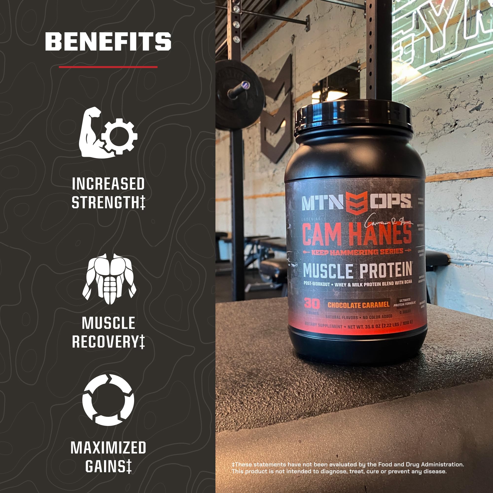 MTN OPS gluten-free whey blend shown on a label close-up