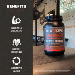 MTN OPS gluten-free whey blend shown on a label close-up