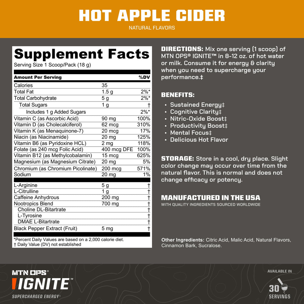 MTN OPS Hot Ignite ingredients with nootropics support cognitive clarity.