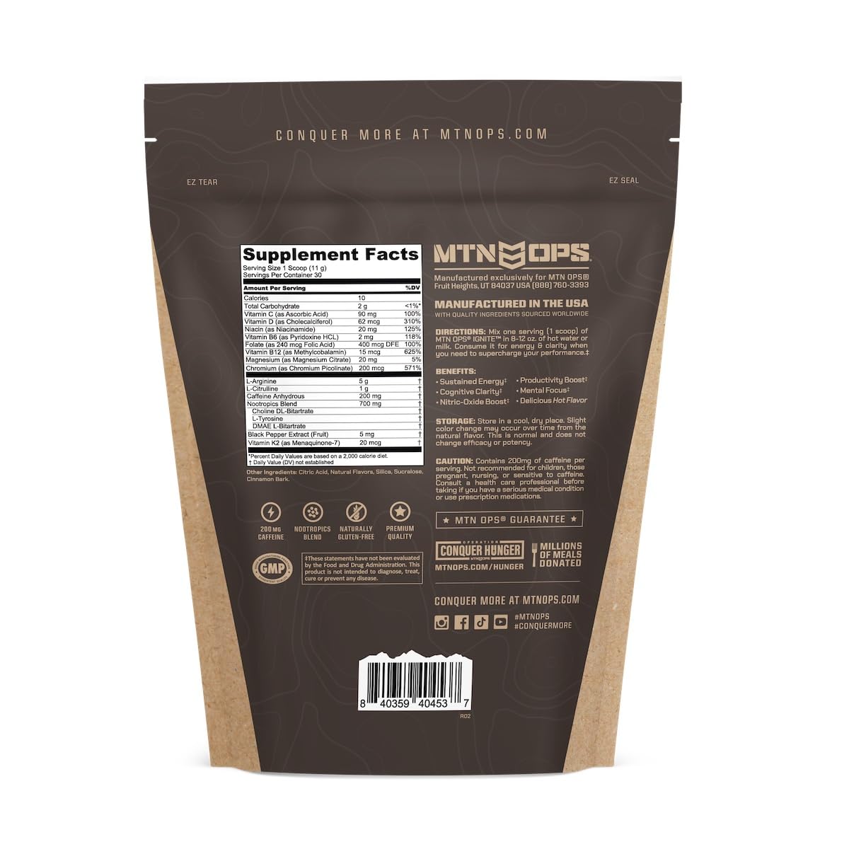 MTN OPS Hot Ignite label close-up highlighting Brain Blend ingredients.