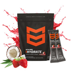 Glass with MTN OPS Hydrate strawberry coconut powder dissolving quickly