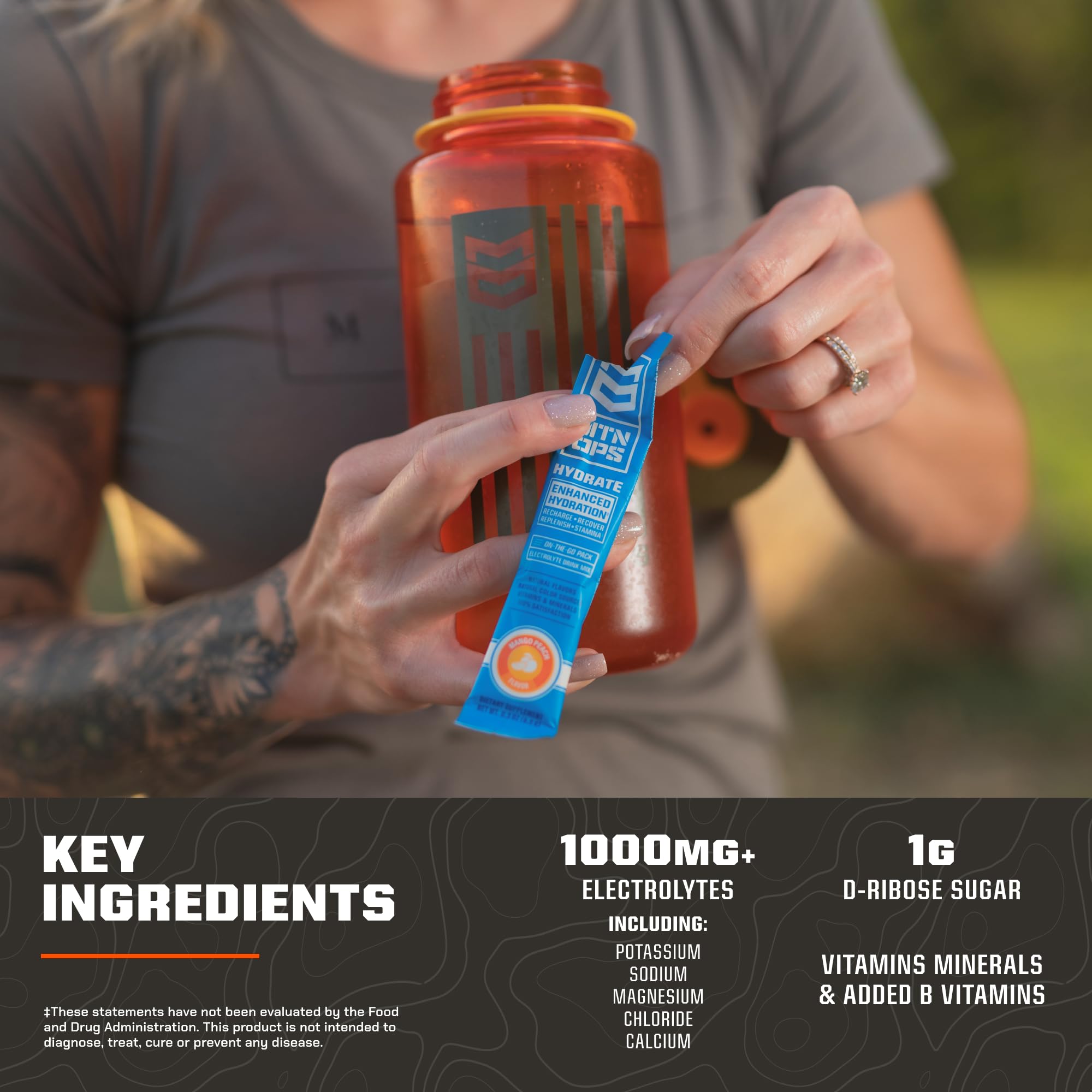 MTN OPS Hydrate label close-up shows electrolyte blend and zero sugar formula