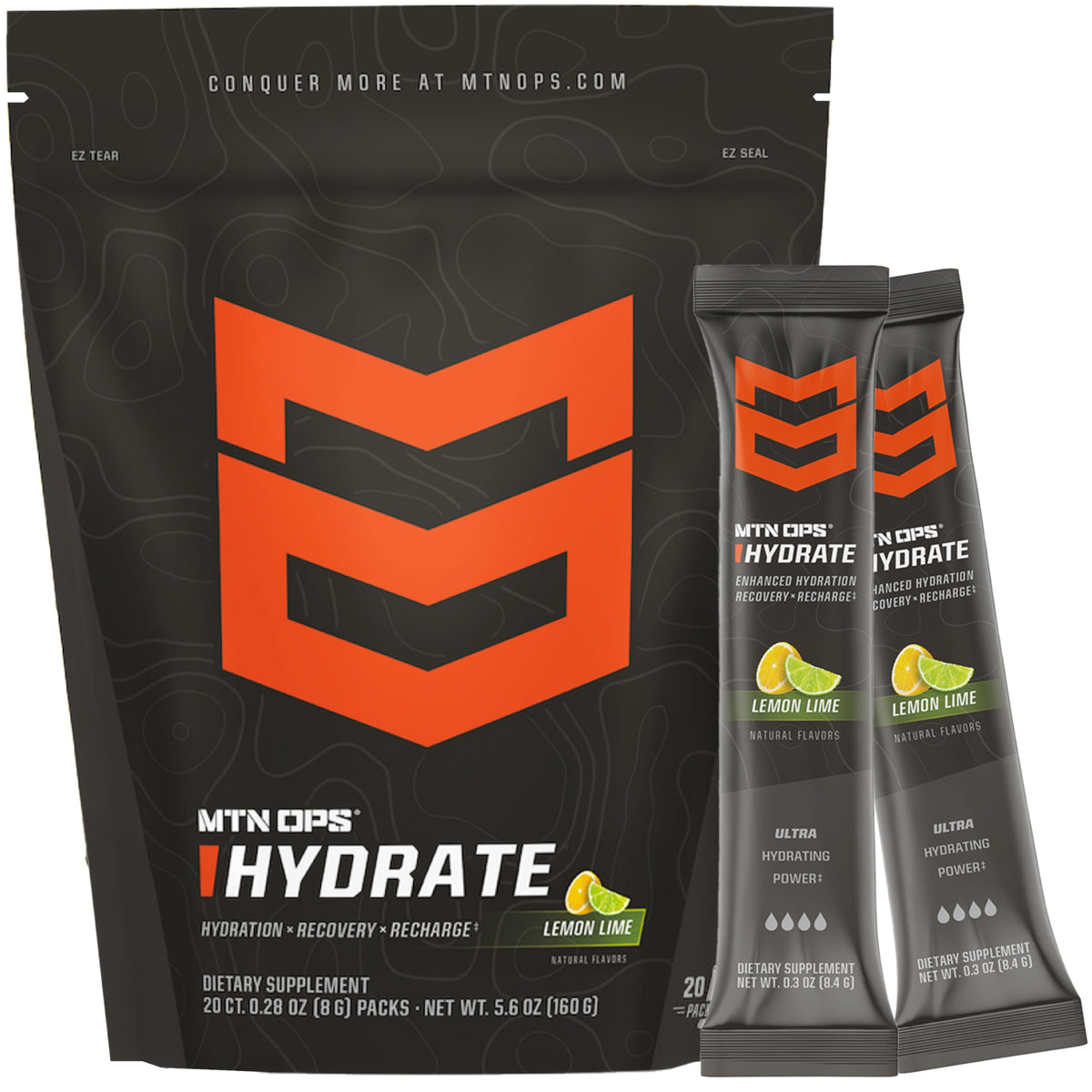 MTN OPS Hydrate lemon-lime sachet front view for on-the-go hydration