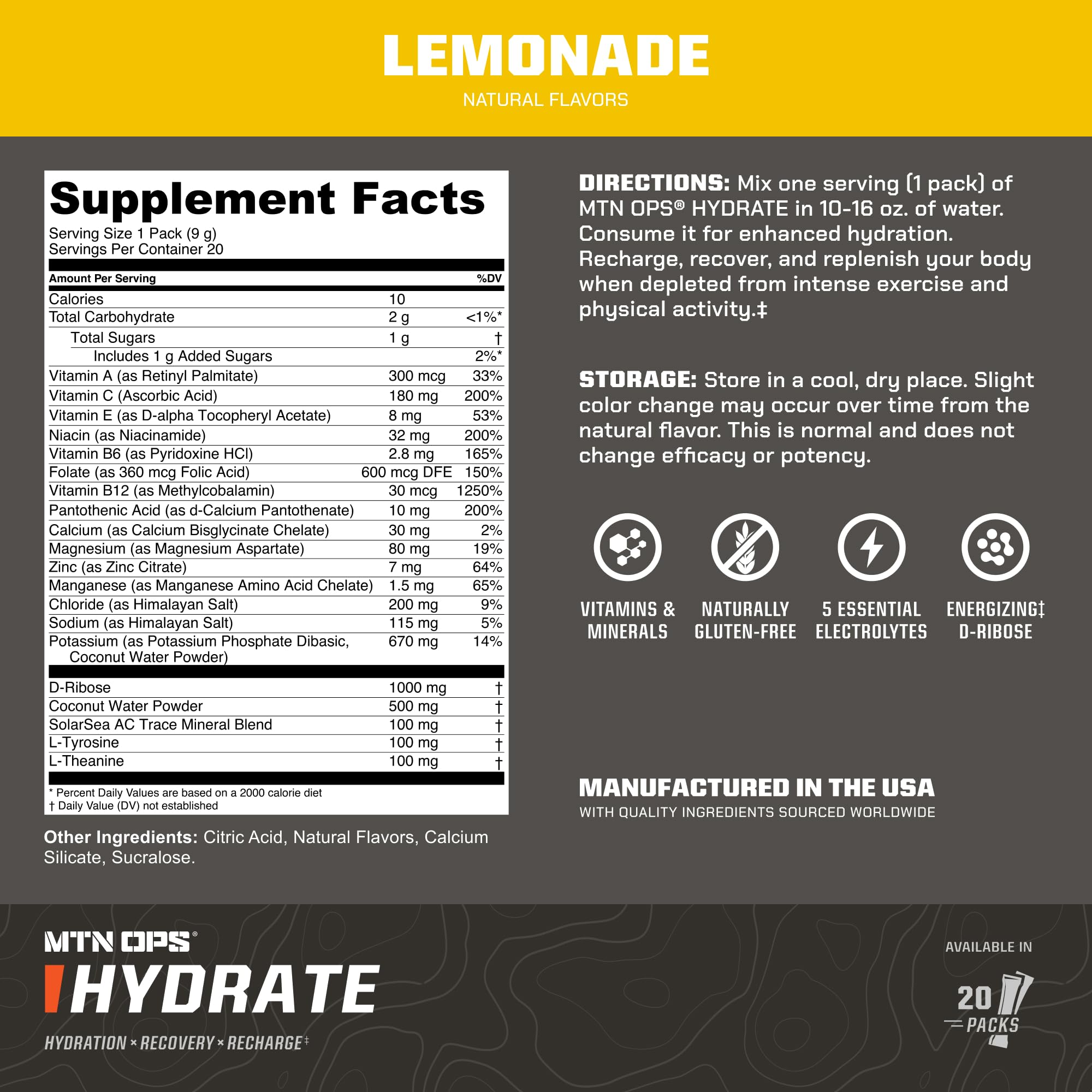 MTN OPS Hydrate Lemonade powder dissolves quickly in water for fast hydration.