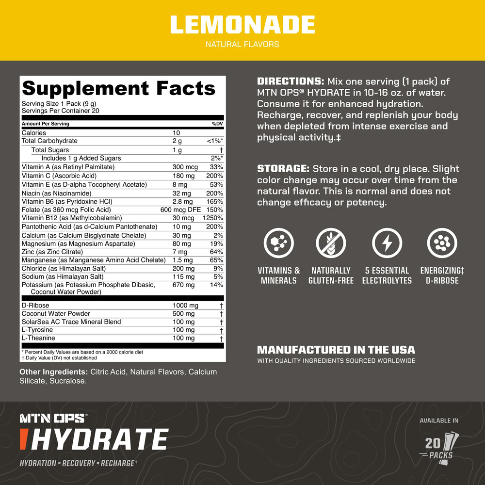 MTN OPS Hydrate Lemonade powder dissolves quickly in water for fast hydration.