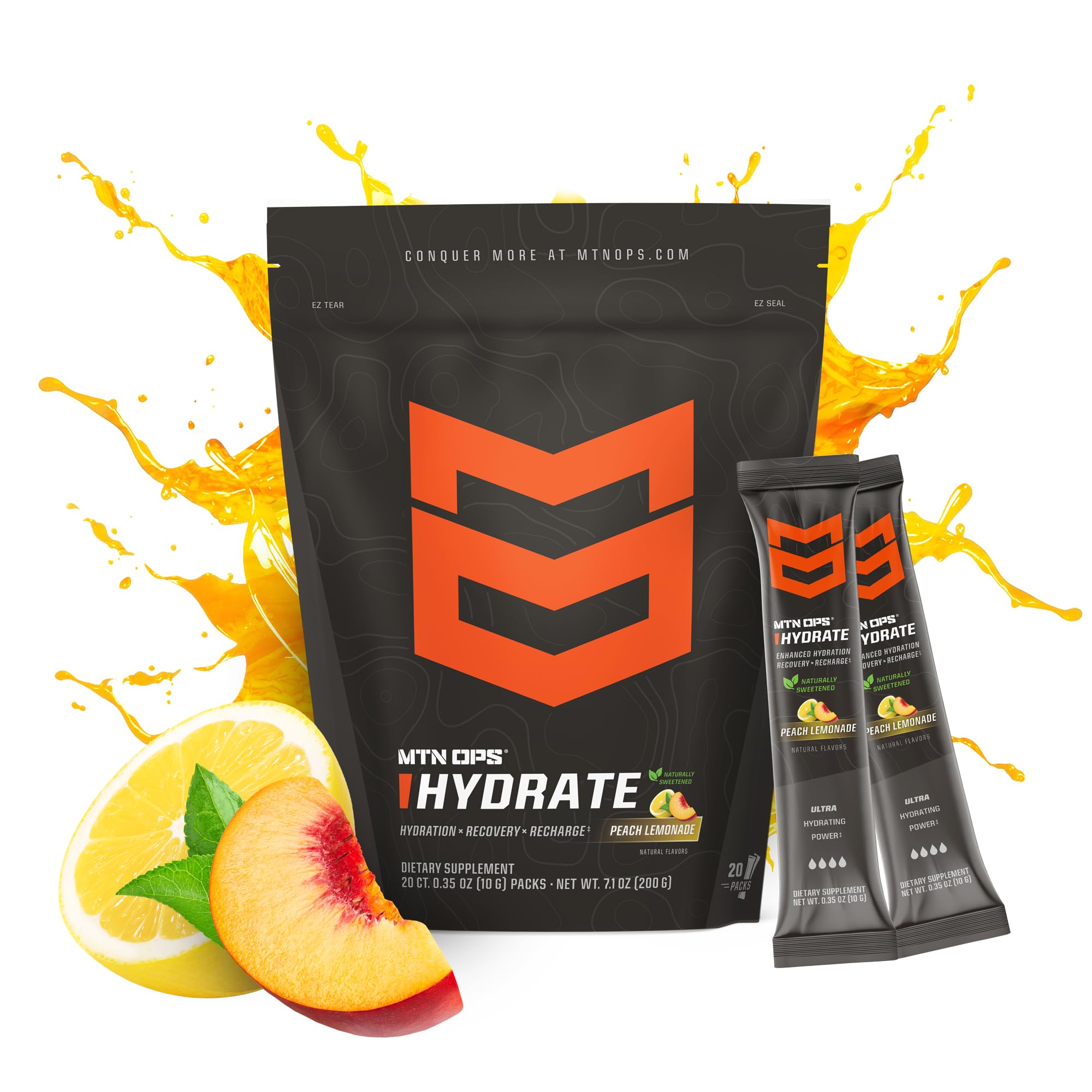 MTN OPS Hydrate Peach Lemon flavor sachet showcased for refreshing taste.