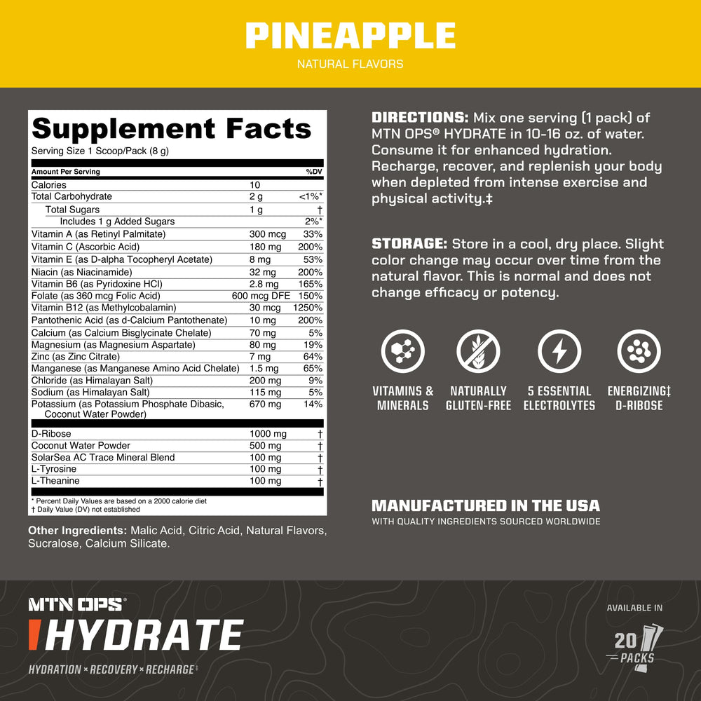 MTN OPS Hydrate pineapple powder being poured into a bottle for fast hydration