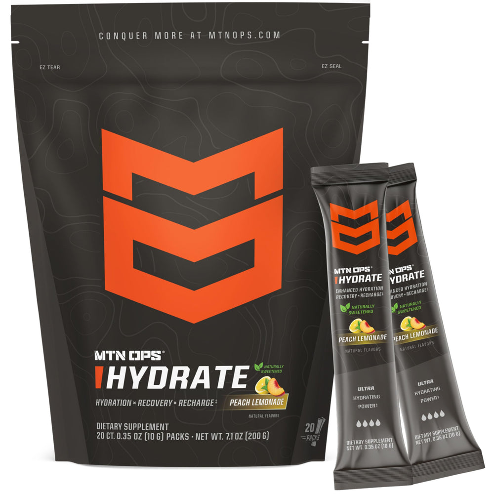 MTN OPS Hydrate powder pack ready for on-the-go hydration and fast electrolyte replenishment.