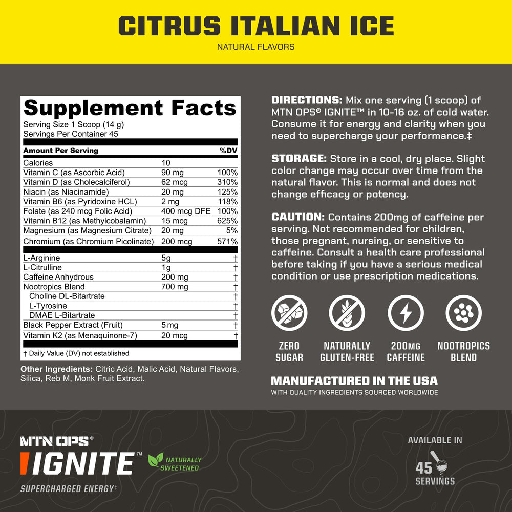 MTN OPS Ignite brain-blend ingredients closeup features nootropics for mental clarity.