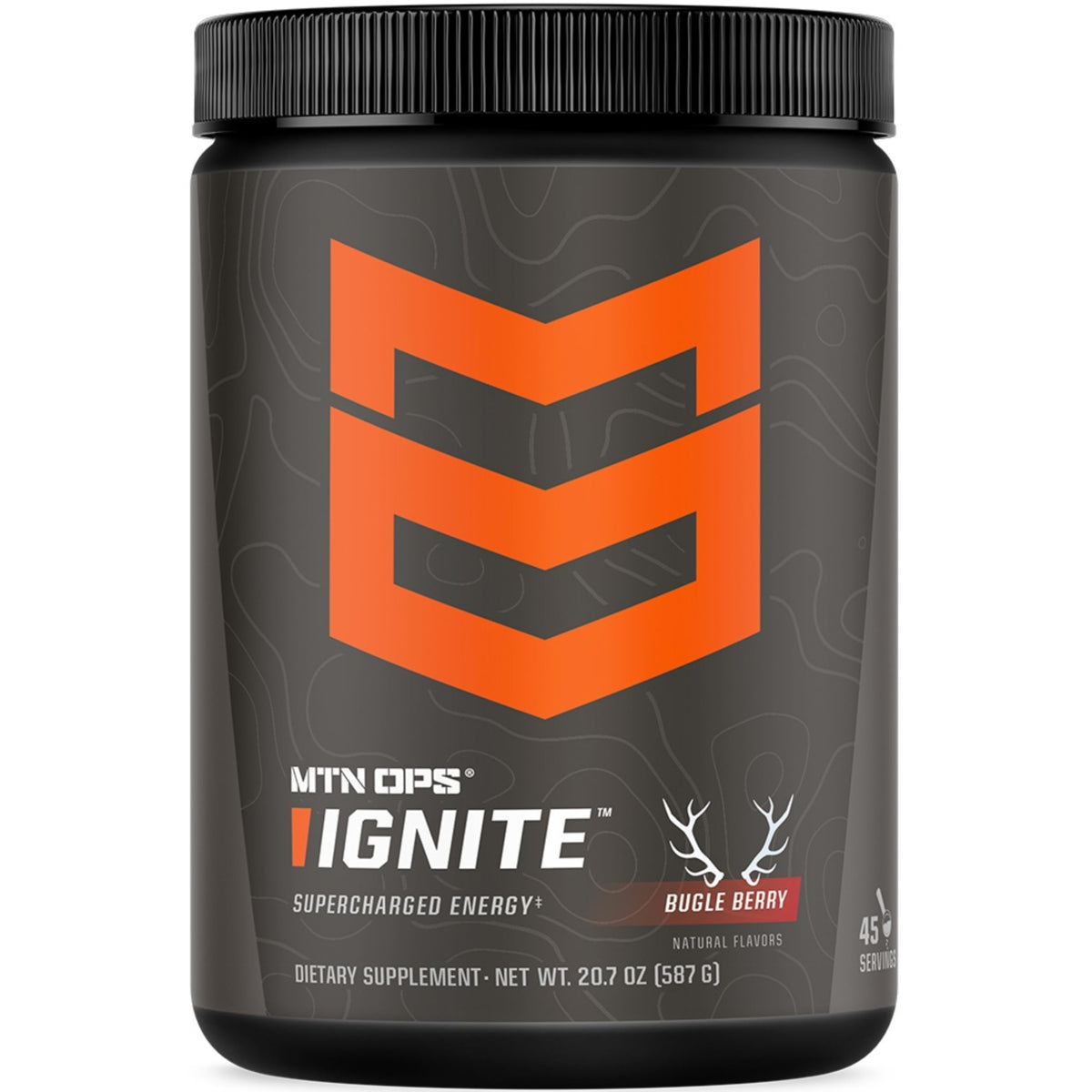 MTN OPS Ignite Energy Drink Powder Bugle Berry shown for steady outdoor energy.
