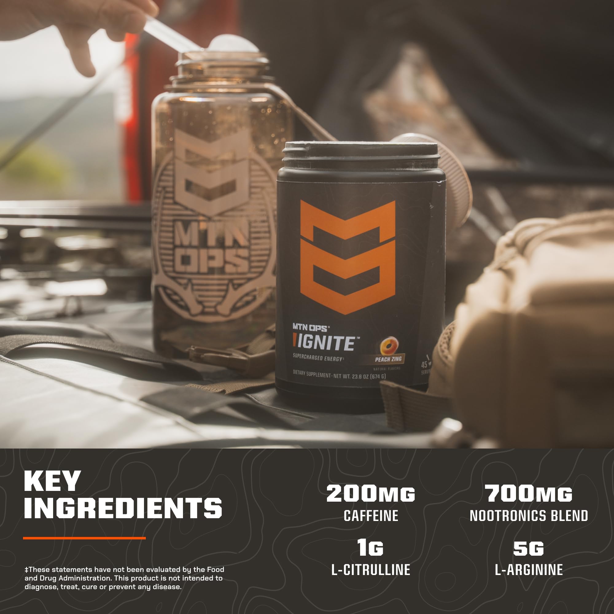 MTN OPS Ignite Energy Drink Gluten-Free Label highlights clean ingredients.
