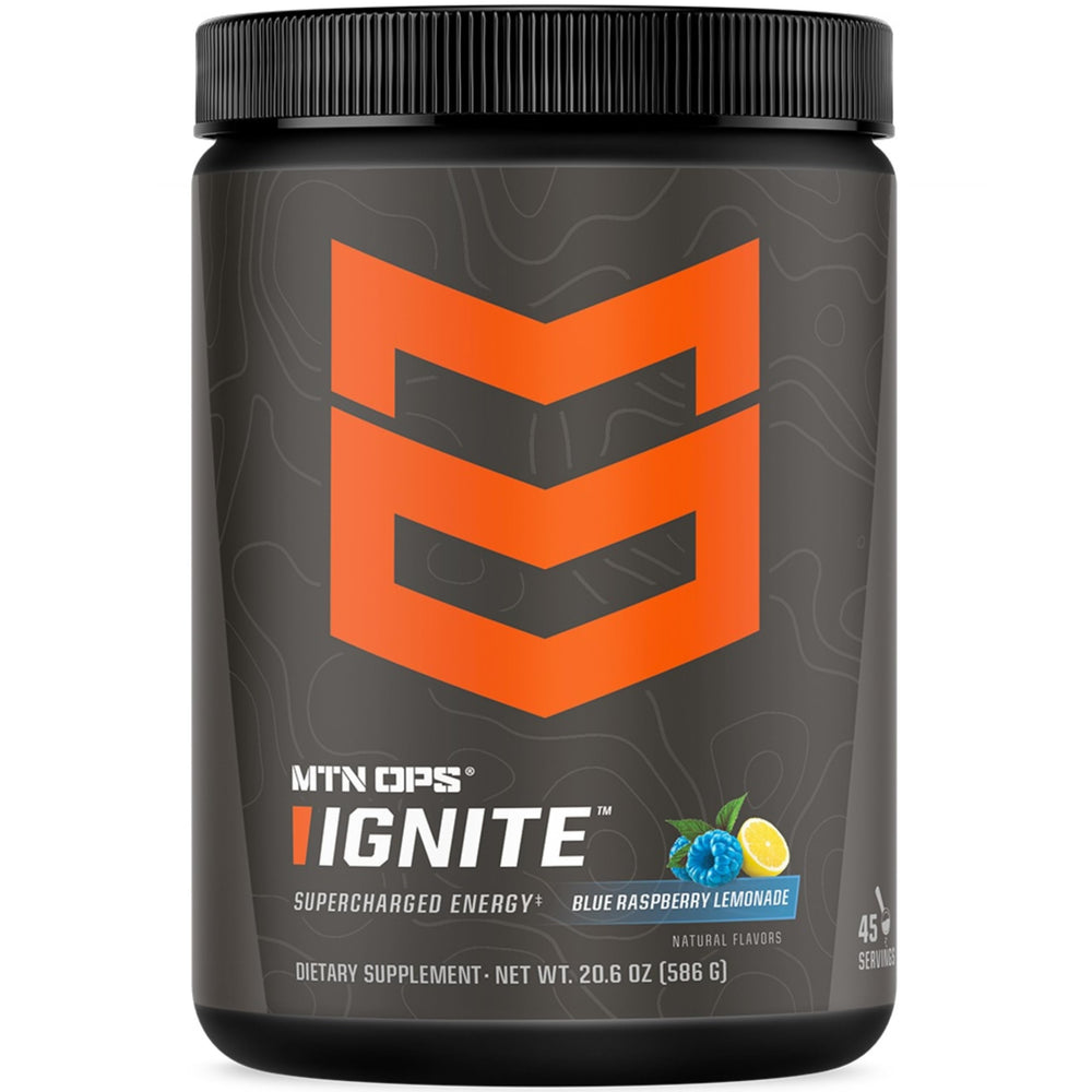 MTN OPS Ignite powder tub in blue raspberry lemonade boosts sustained energy
