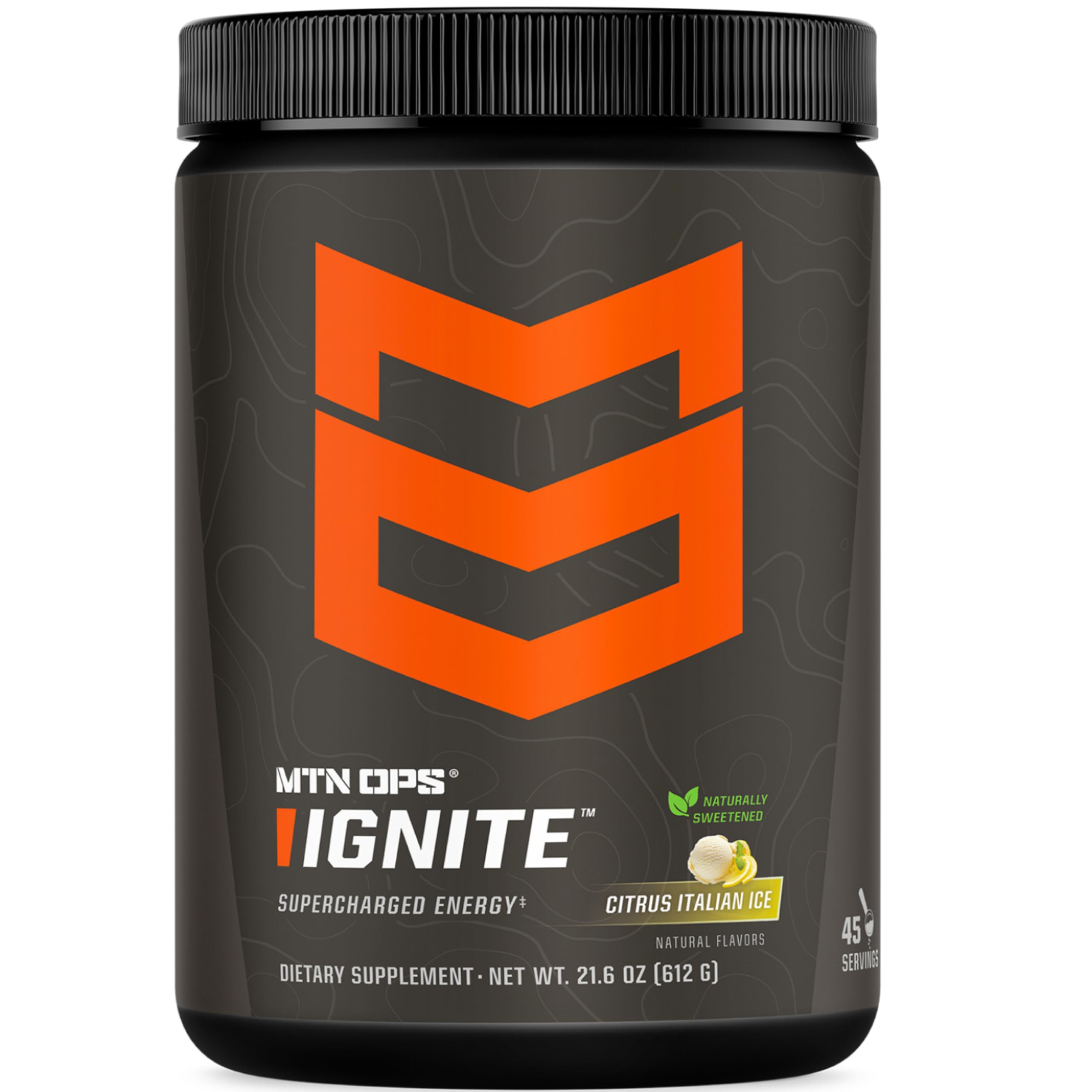 MTN OPS Ignite energy powder tub front shows monk fruit sweetness for sustained daytime focus.