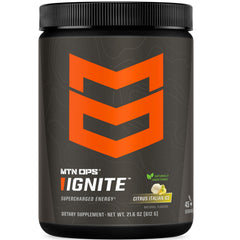 MTN OPS Ignite energy powder tub front shows monk fruit sweetness for sustained daytime focus.