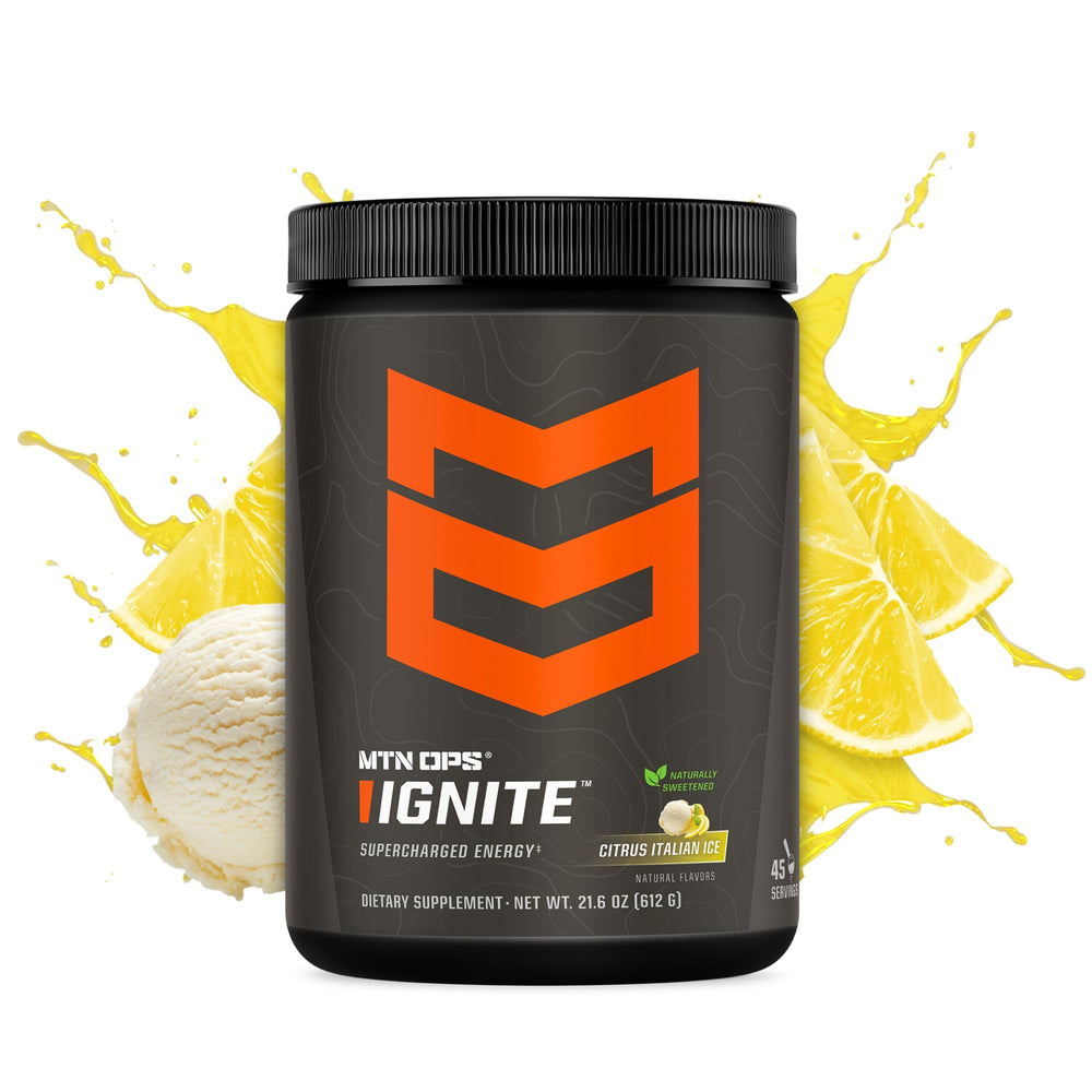 MTN OPS Ignite energy powder tub side-label highlights gluten-free, sugar-free formula for clean energy.