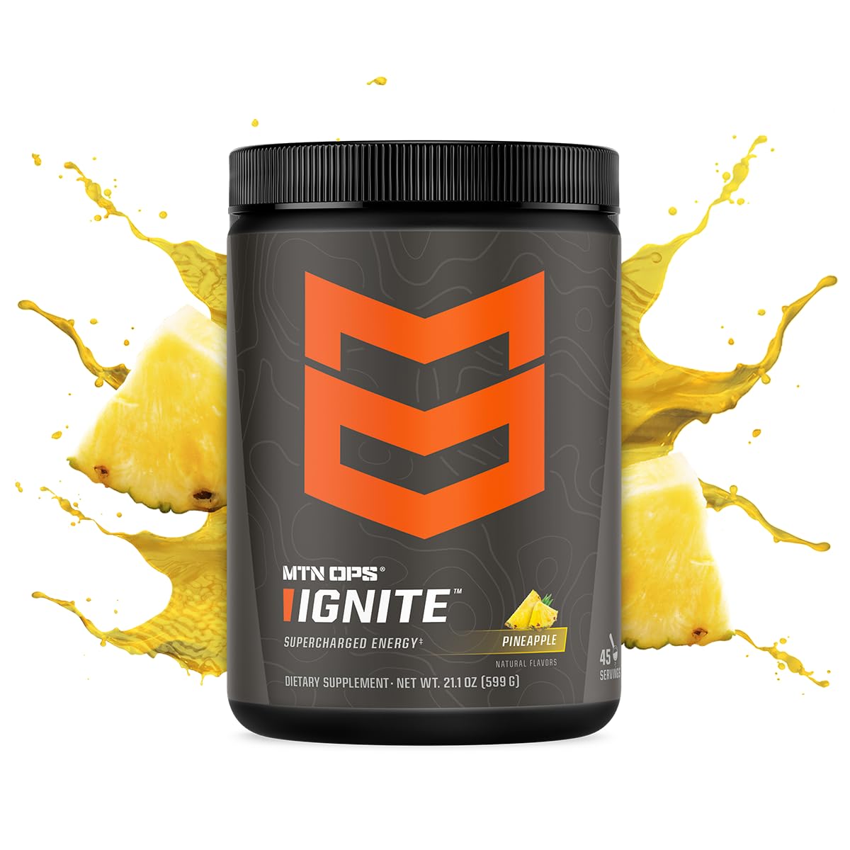 MTN OPS Ignite Pineapple Crush glass shows refreshing drink ready to empower workouts.