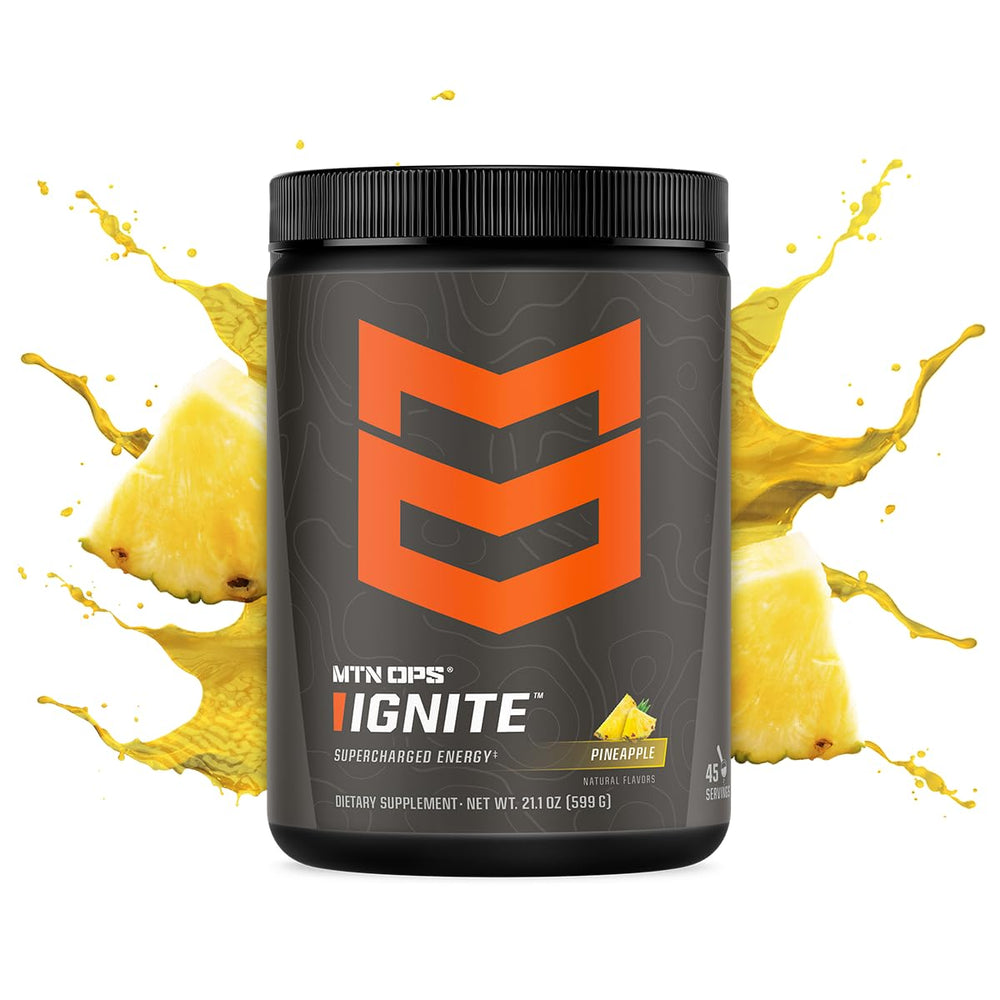 MTN OPS Ignite Pineapple Crush glass shows refreshing drink ready to empower workouts.