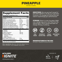 MTN OPS Ignite Pineapple Crush scoop highlights easy measurement for perfect mixes.