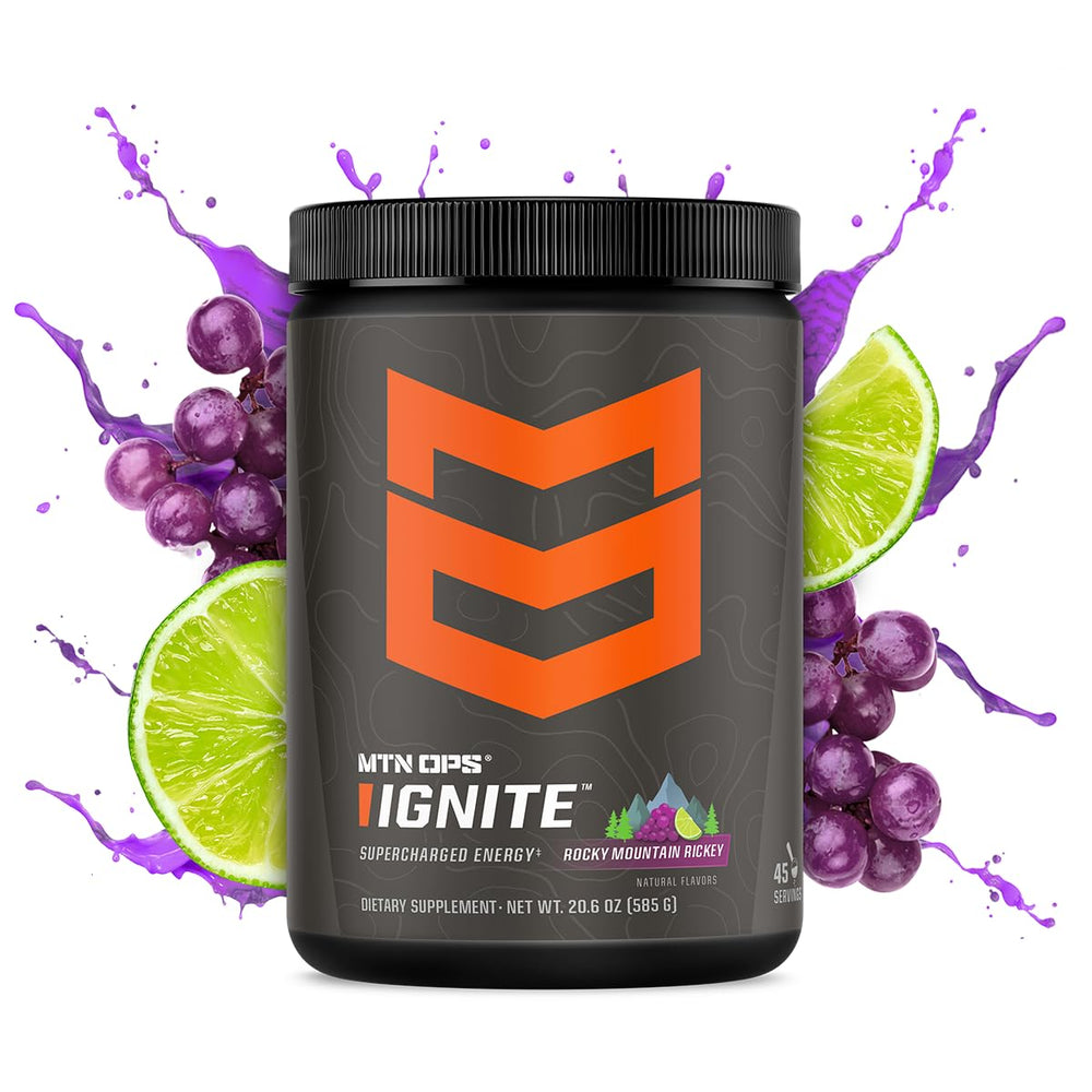 MTN OPS Ignite scoop beside glass shows easy mix and focus boost