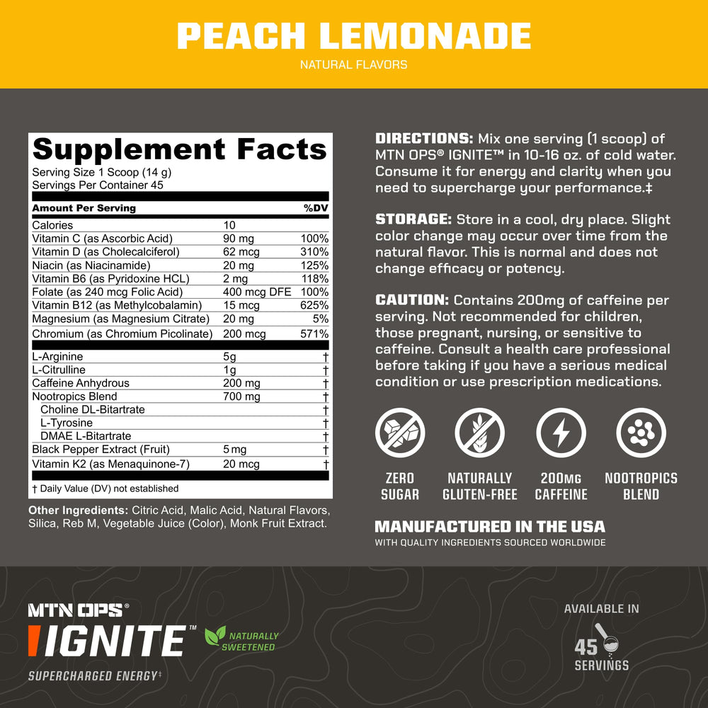 MTN OPS Ignite glass with Peach Lemonade delivering refreshing energy during workouts.