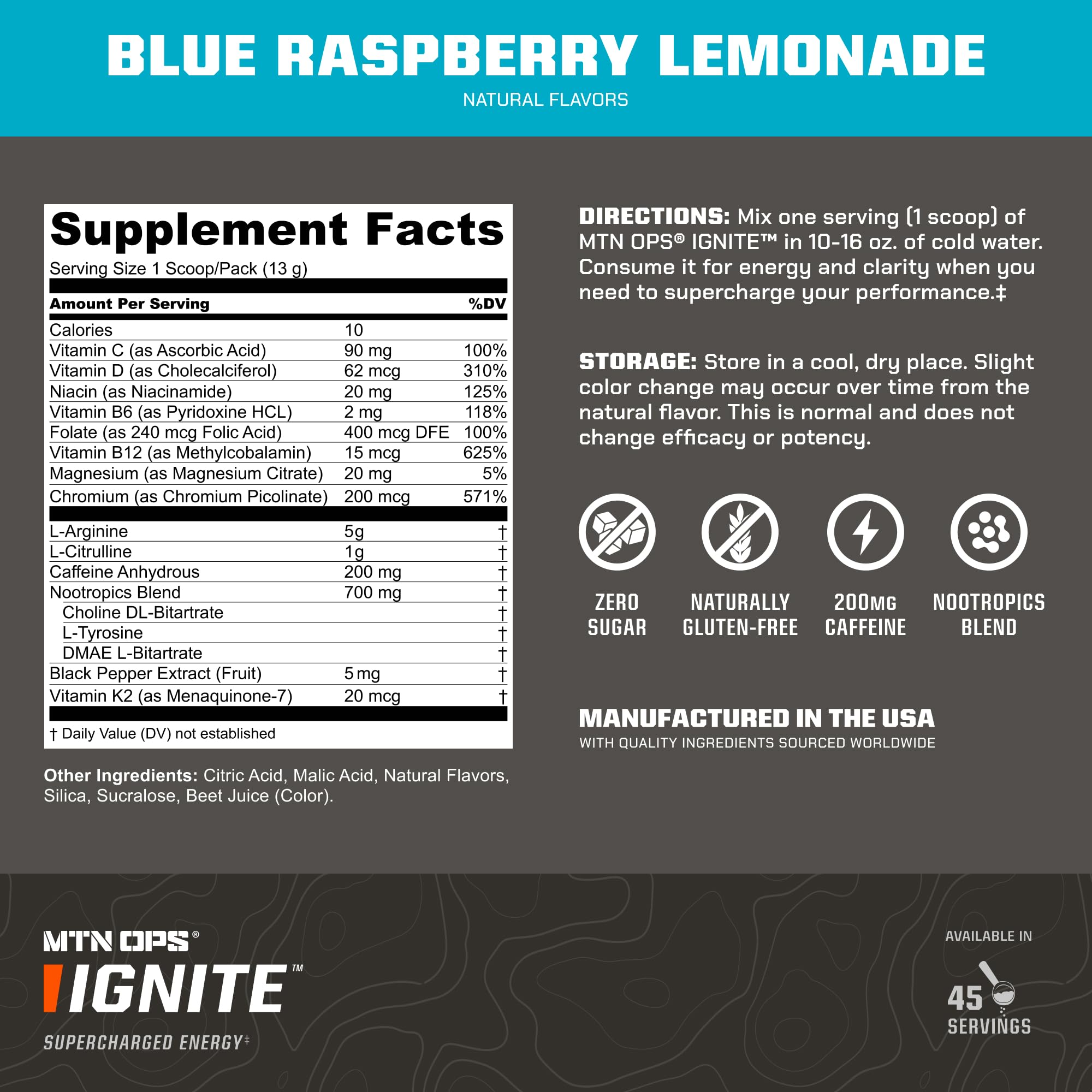 Glass of MTN OPS Ignite blue raspberry lemonade ready to drink for hydration