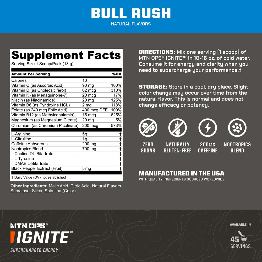 MTN OPS Ignite gluten-free label highlights clean ingredients for sensitive diets.