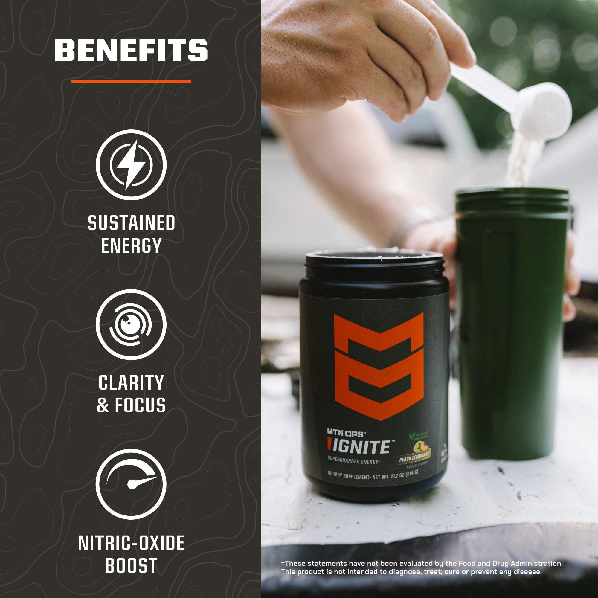 MTN OPS Ignite label closeup showcasing monk fruit sweetness and nootropic blend.
