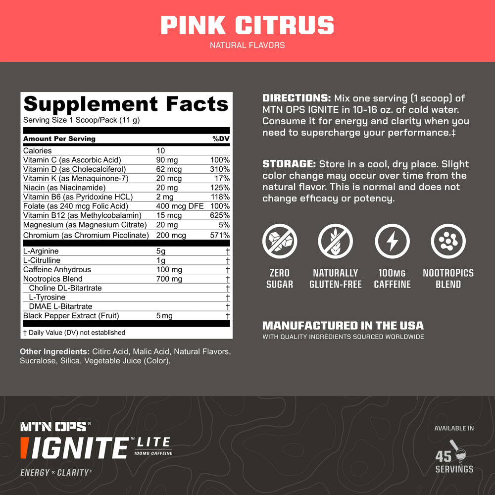 MTN OPS Ignite Lite glass of pink citrus water ready for sustained focus