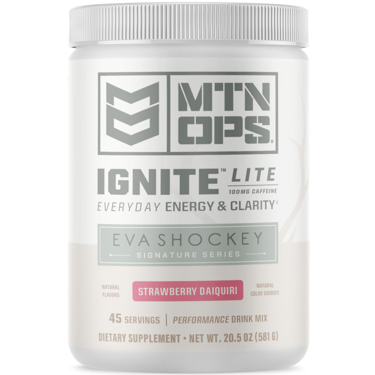 MTN OPS Ignite Lite tub front label, gluten-free and zero-sugar formulation.