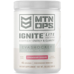 MTN OPS Ignite Lite tub front label, gluten-free and zero-sugar formulation.