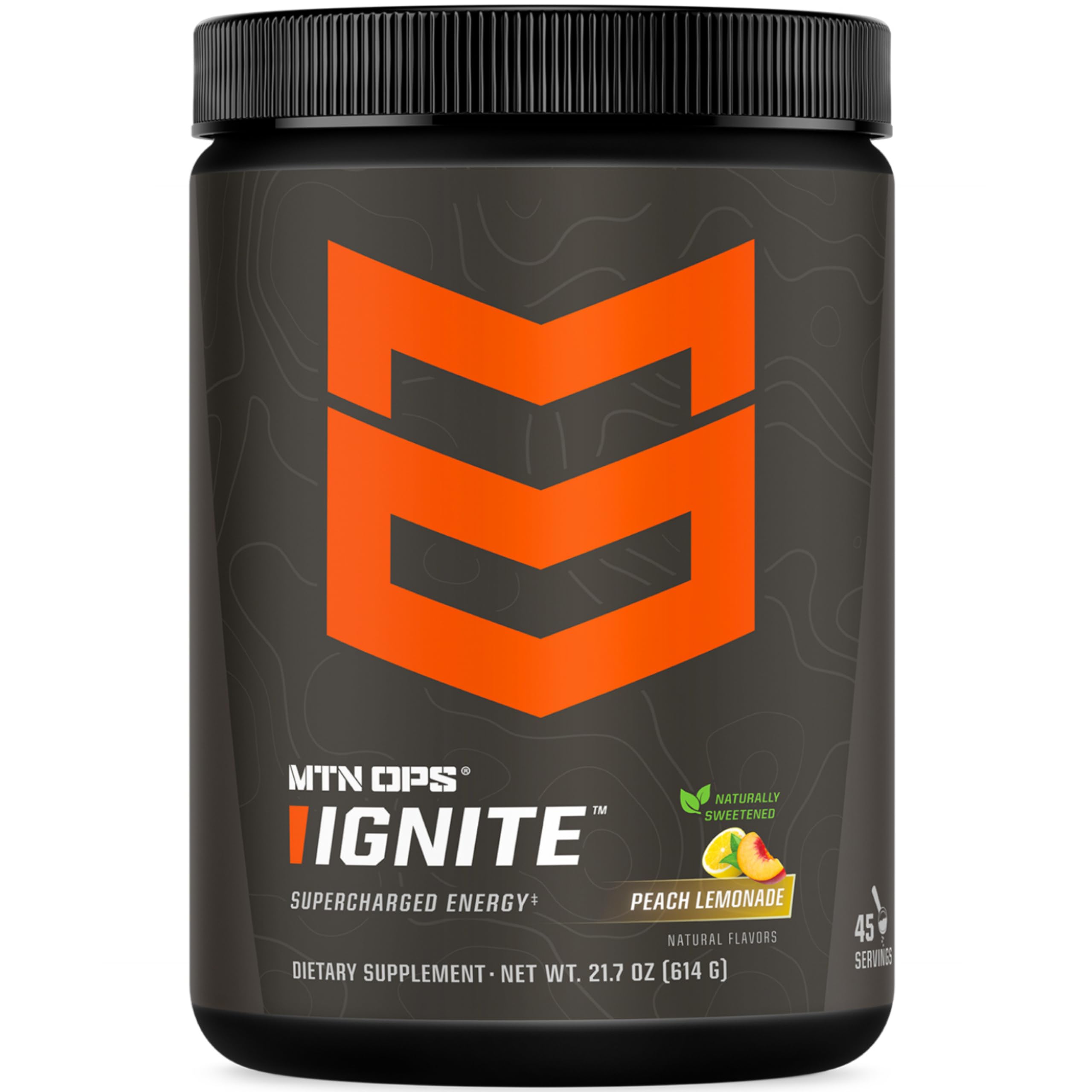 MTN OPS Ignite Peach Lemonade tub for daily focus and clean energy.