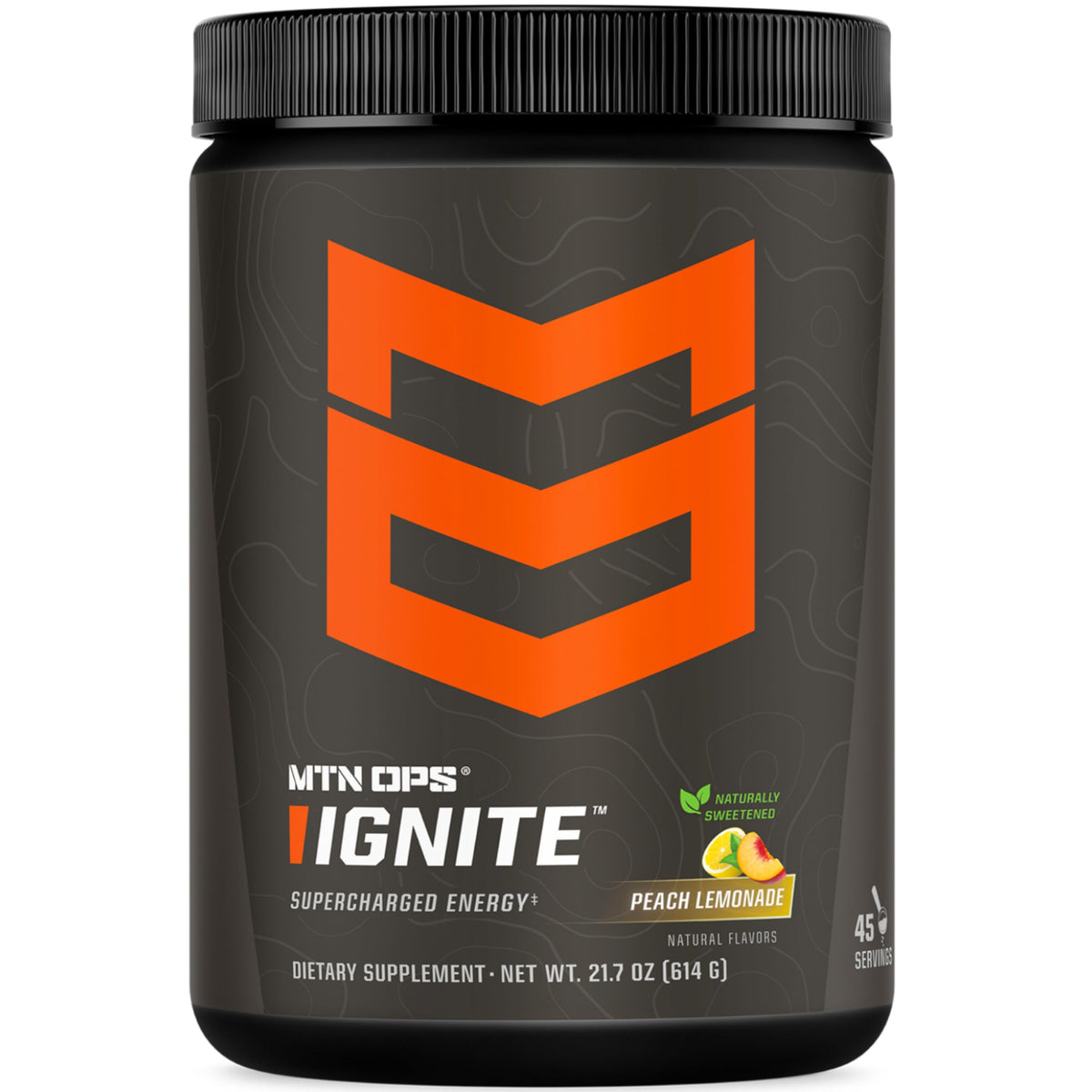 MTN OPS Ignite Peach Lemonade tub for daily focus and clean energy.