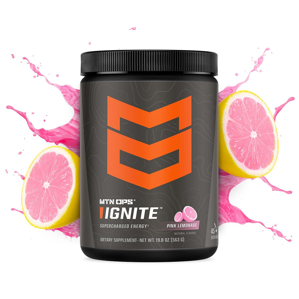 MTN OPS Ignite pink lemonade scoop for easy pre-workout dosing.