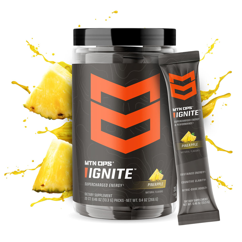 MTN OPS Ignite scoop demonstrates easy measurement for quick pre-workout boosts.