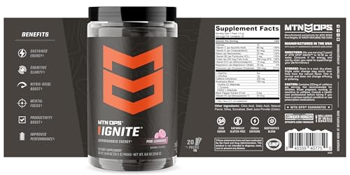 MTN OPS Ignite Trail Packs nutrition facts board emphasizing sugar-free formulation.
