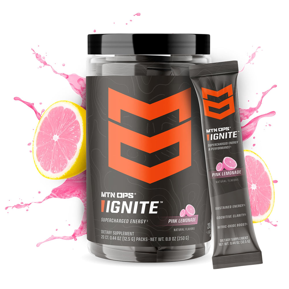 MTN OPS Ignite Trail Packs sachet back with ingredients and serving details for smart dosing.