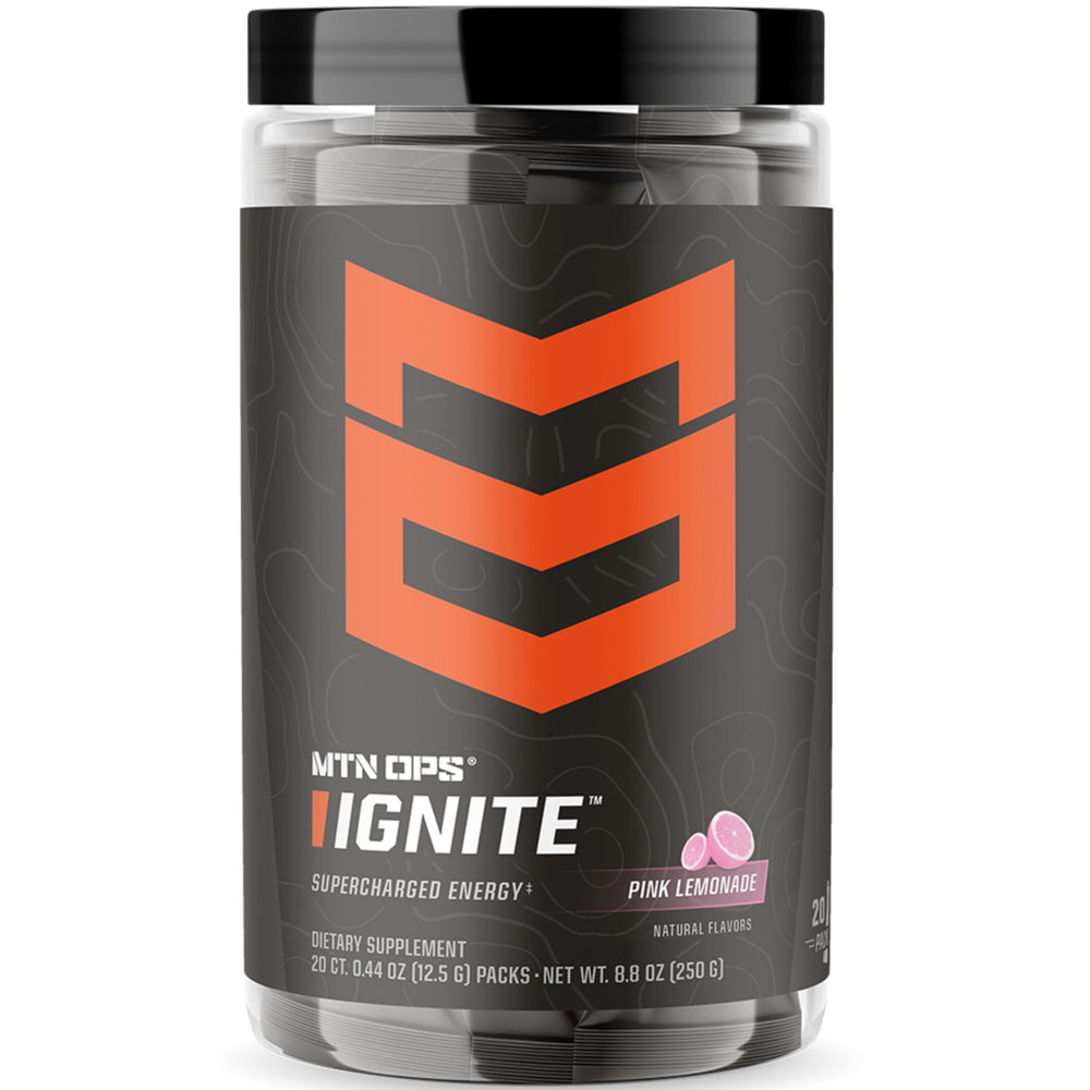 MTN OPS Ignite Trail Packs sachet front — gluten-free energy powder for outdoor workouts.