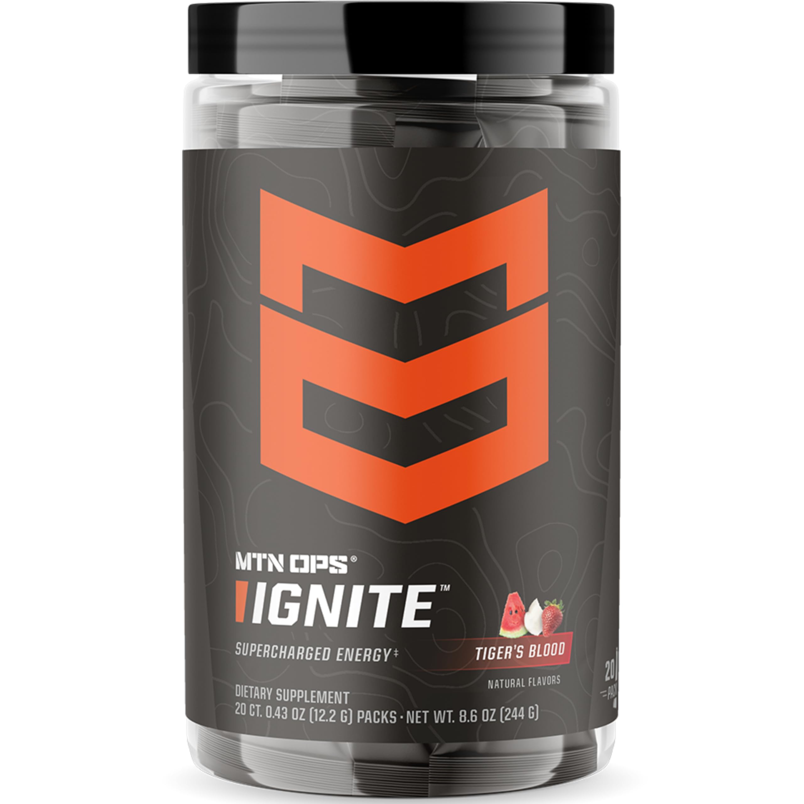 MTN OPS Ignite Trail Packs energy drink powder hero image for sustained focus during workouts.