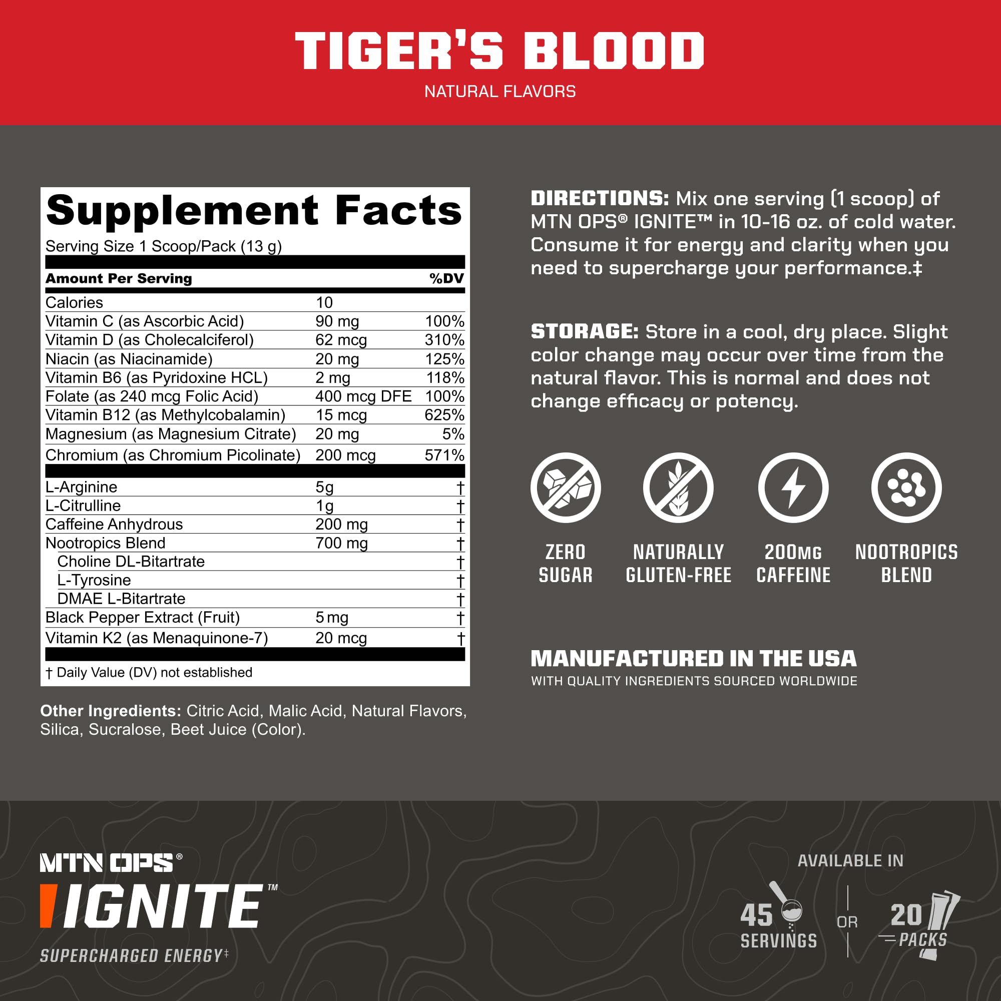 MTN OPS Ignite Trail Packs L-Arginine and L-Citrulline support during activity.