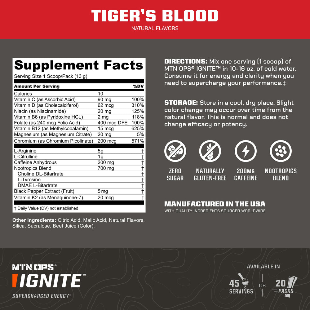 MTN OPS Ignite Trail Packs L-Arginine and L-Citrulline support during activity.